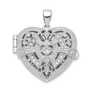 Sterling Silver and CZ Textured Design Heart Locket, 22mm